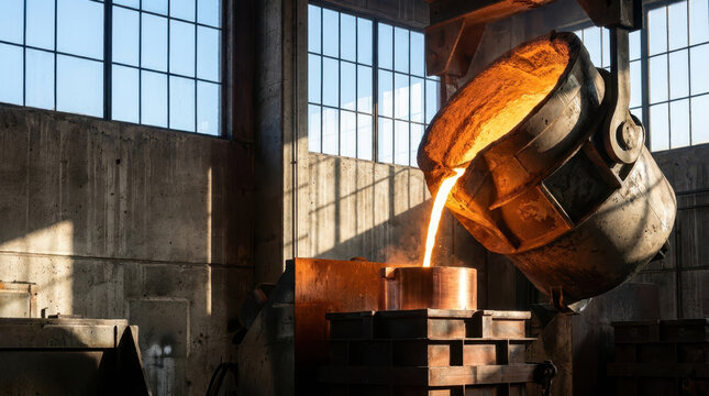 Molten metal foundry casting reflects geopolitical tensions and trade through industrial production and labor