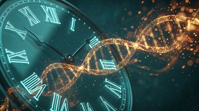 Abstract biological clock concept features glowing golden dna strand spiraling over dark teal roman numeral timepiece background symbolizing genetic aging research.