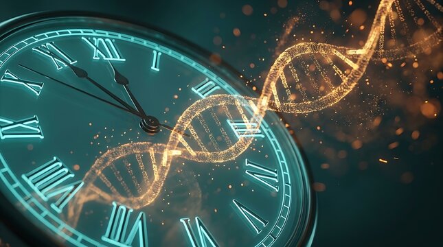 Luminous gold double helix dna structure overlays classic teal roman numeral clock face representing chronobiology and genetic timekeeping in medical technology.