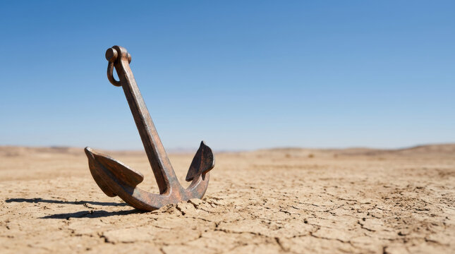 Rusty anchor on dry desert shoreline under blue sky evokes geopolitical tensions and trade uncertainty