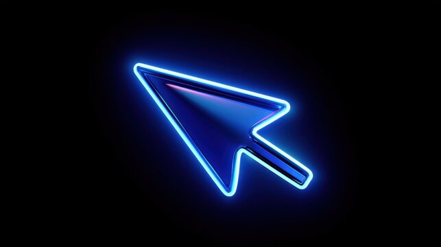 3d Neon Click pointer cursor arrow icon on black background
