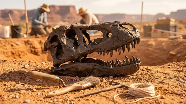 Dinosaur skull unearthed at archaeological dig site with tools, revealing ancient paleontological discovery in desert landscape.