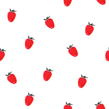 Small hand-painted watercolor strawberries scattered on a white background. This charming, delicate pattern is perfect for summer fabrics, kitchen linens, gift wrap, and playful stationery
