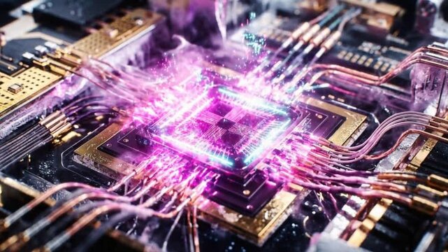 Vibrant quantum processor glowing with immense energy amidst a frosty cryogenic chamber, showcasing advanced future computing technology.