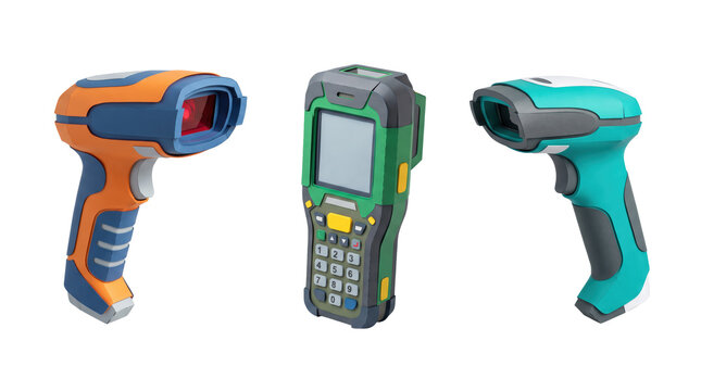 Three handheld barcode scanners and a mobile data terminal with a screen and keypad, isolated on a white background, studio product shot