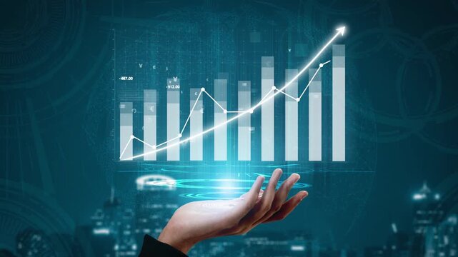 A futuristic hand reaches out to display a rising graph full of financial data against a digital skyline, symbolizing growth and innovation in business strategy. Copula