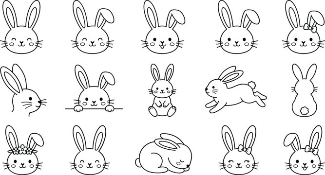 Cute cartoon bunny rabbit vector set featuring minimalist line art characters for easter design kids coloring books and nursery