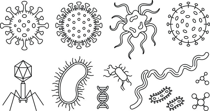 Microbiology and virology line icons set featuring virus bacteria bacteriophage dna molecule cells and infectious medical disease concepts