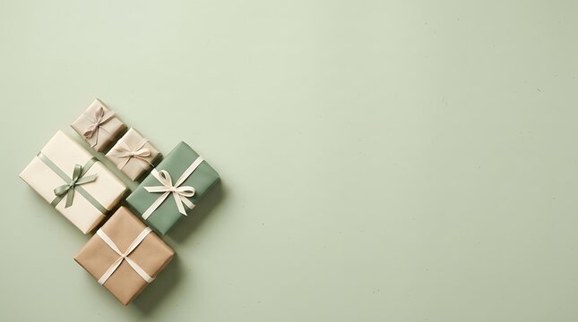 Four gift boxes with ribbons on minimalist light green background