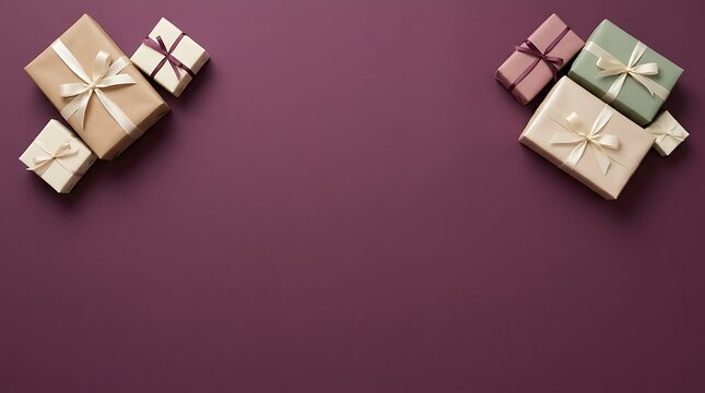 Gift boxes with ribbons on deep plum background