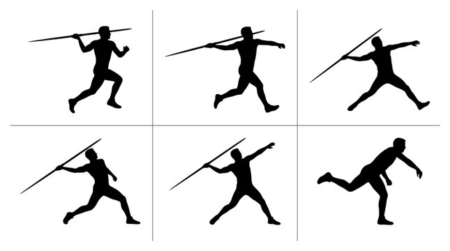 Javelin thrower silhouettes set with running and throwing poses for sports and athletics