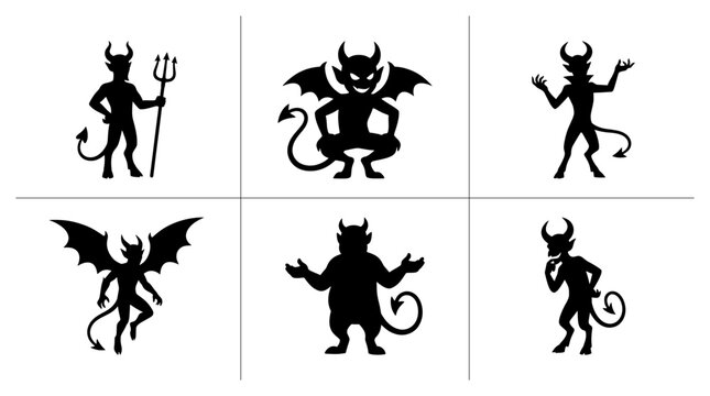 Devil silhouettes set with horns and tails for Halloween, folklore and fantasy