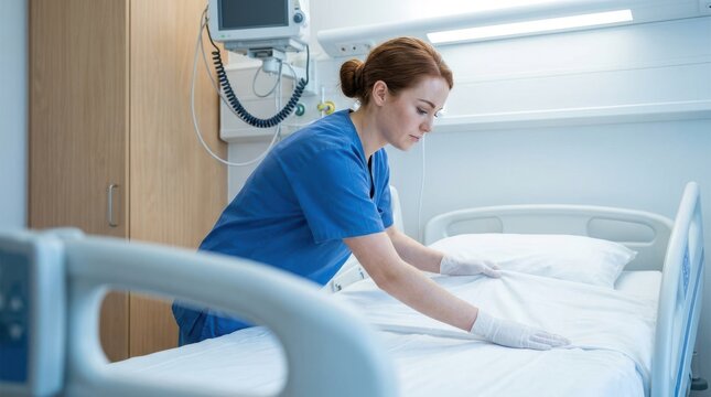 Nurse in blue scrubs prepares clean hospital bed for patient admission within bright modern medical facility room.