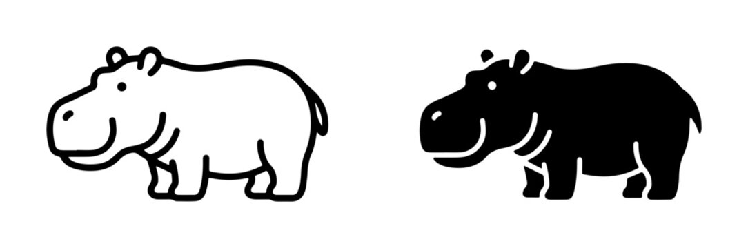 Hippopotamus line icon and filled silhouette set for logo