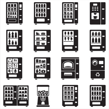 Set of vending machine and automated retail kiosk icons in black and white silhouette with ice cream self service hot drinks cold drinks automated dispenser beverage sandwich recycling
