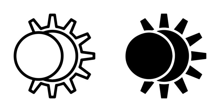 Sun and moon eclipse icons set with gear elements for technology and science