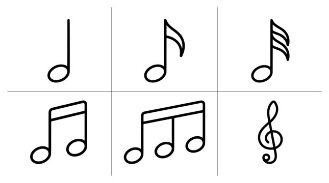 Music note icons set with treble clef and various note durations for education or design
