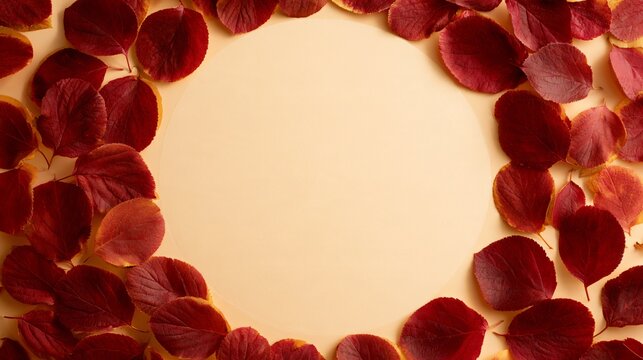 A soft circular wash of golden ochre surrounds an untouched ivory center while delicate burgundy leaves appear only around the outer edge, forming a modern seasonal frame with generous copy space