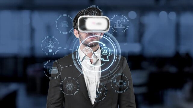 A businessman experiences virtual reality while interacting with an advanced AI interface, showcasing innovation and digital technology in a modern workspace environment. Raster