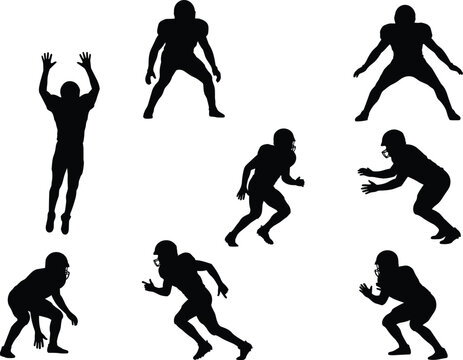 American Football Player Silhouette Collection with Jumping, Running, Crouching and Defensive Positions