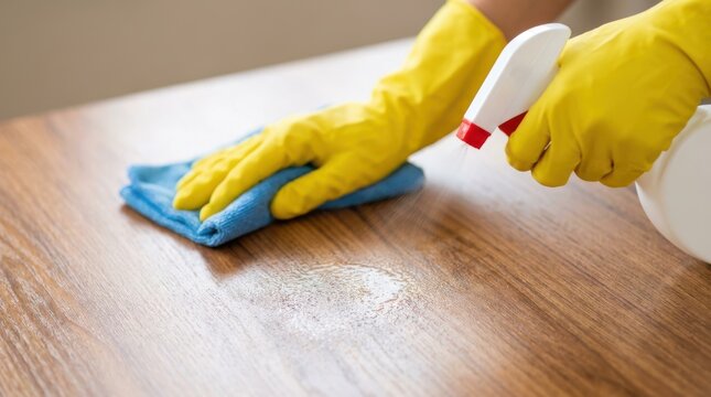 Hands in yellow protective gloves wiping a wooden table with a blue microfiber cloth and spray cleaner.