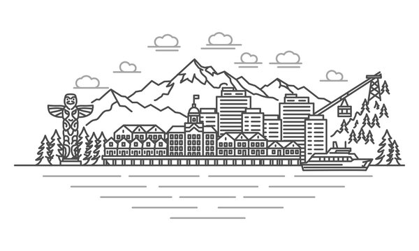 Juneau, Alaska USA architecture line skyline illustration. Linear vector cityscape with famous landmarks, city sights, design icons. Editable stroke.