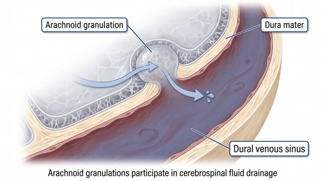 Arachnoid granulations draining cerebrospinal fluid into dural venous