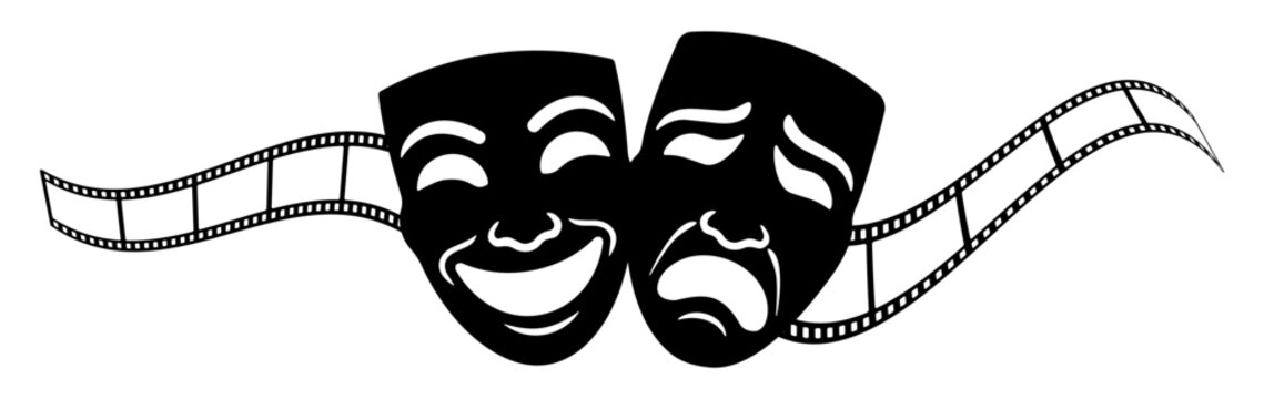 Theater masks comedy and tragedy with film strip icon silhouette design