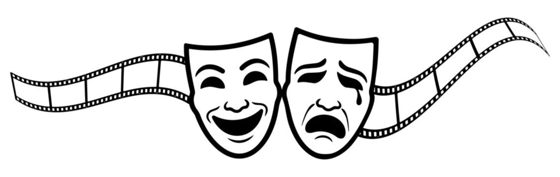 Theater masks comedy and tragedy with film strip monochrome clip art