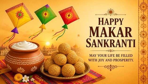 Happy makar sankranti festival with kites and traditional sweets