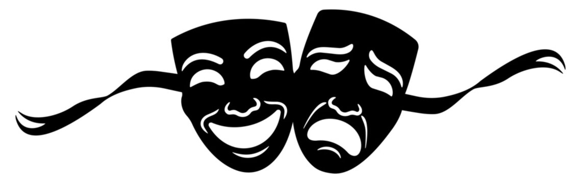 Theater masks comedy and tragedy with ribbon icon silhouette design
