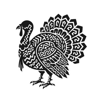 Stylized black turkey silhouette with intricate traditional tribal and geometric patterns vector illustration