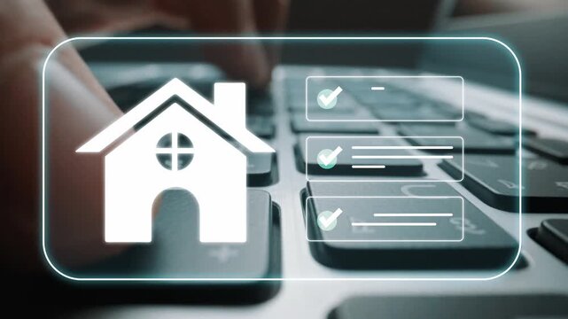 Digital Home Management Concept Featuring House Icon, Keyboard Interaction, and Checklist for Property Maintenance and Management Tasks Gluon.