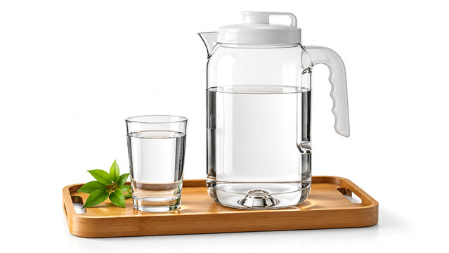 Clear plastic water pitcher and glass on wooden tray isolated on white background.