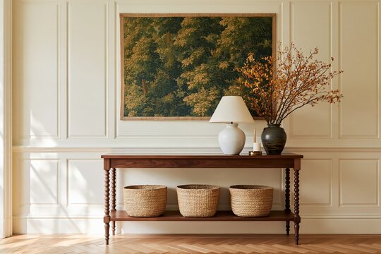 Antique wooden console table with woven baskets, ceramic lamp, botanical branches, framed forest artwork, cream paneled walls, and herringbone floor in elegant entry hall