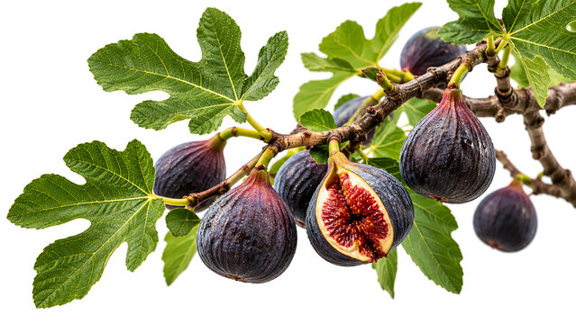 Fresh ripe purple figs and green leaves on a branch against white background.