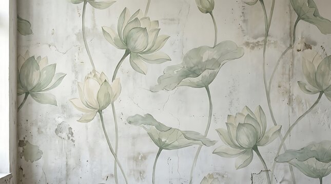 Lotus flower botanical pattern painted on aged white plaster wall background with weathered