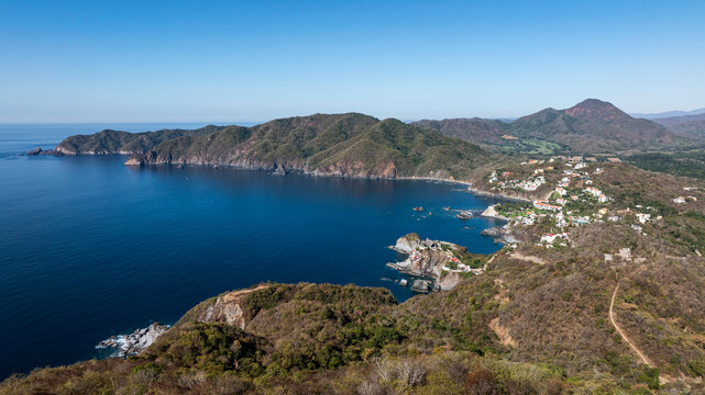 Panoramic Drone View of Pacific Ocean and Mountainous Coast in Colima Mexico