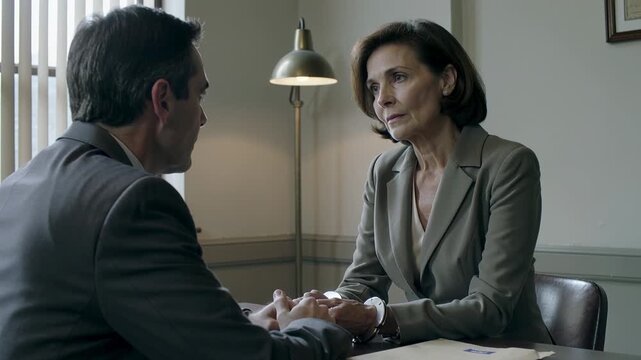 Reaching man in suit placing manila folder at formal interview, touching her hands with metal cuff