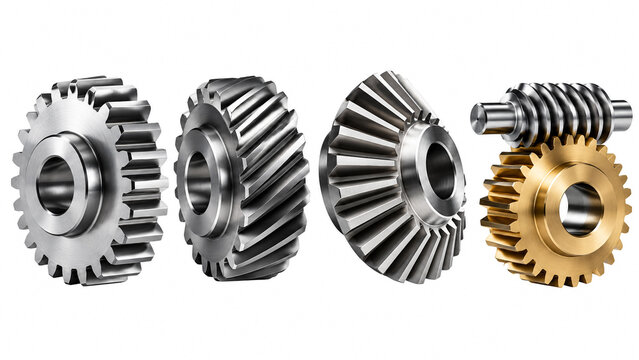 Four metallic industrial gear types including spur helical bevel and worm gear on white background.