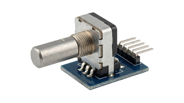 Rotary encoder component on circuit board with pins for electronic projects