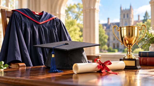 Graduation cap gown diploma scroll golden trophy and books on university campus background.