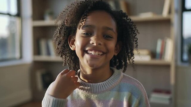 Smiling girl laughing and tucking hair at home, wearing pastel sweater, responding to cue