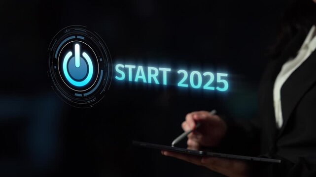 Start 2025 concept with futuristic power button symbolizing fresh beginnings, innovation, and digital transformation. Start 2025, new goals, and start 2025 initiative. Muxer