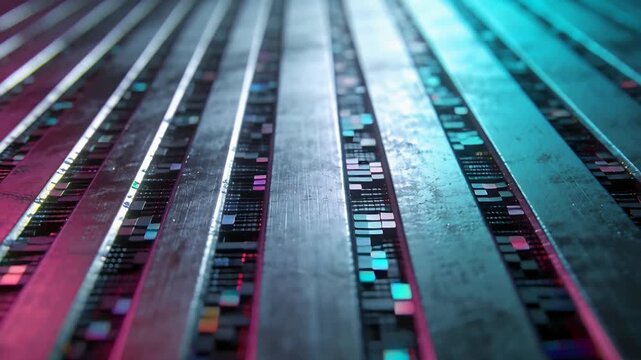 Pushing camera revealing parallel metal rails in studio macro, showing worn detail and LED modules