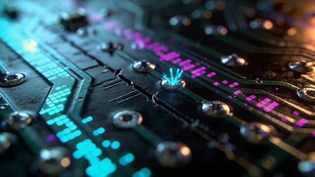 Tilting camera showing PCB in studio, pixel bands pulsing traces, solder pad emitting cyan sparks