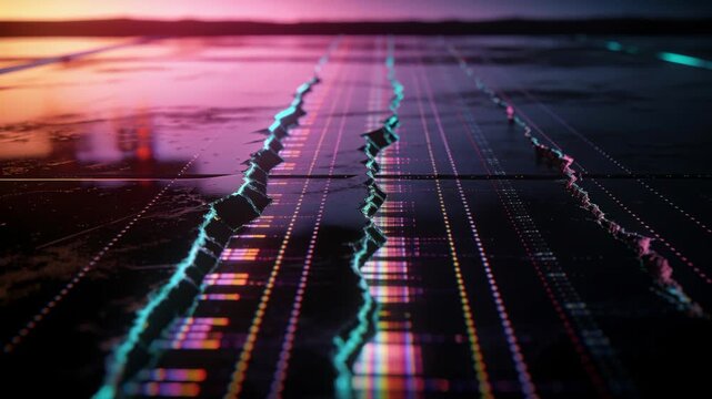 Camera moving forward, following three glowing ridges scrolling on glossy floor, revealing data