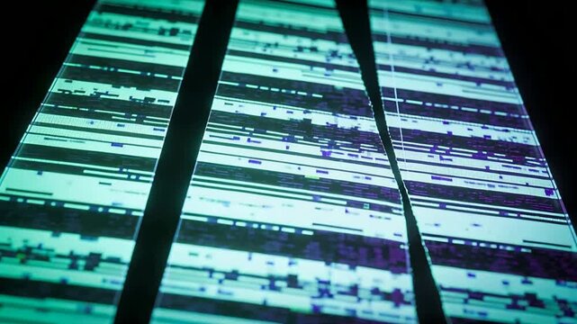 Glitching display shifting teal-purple bands in studio, pixel glitches lifting two ribbons