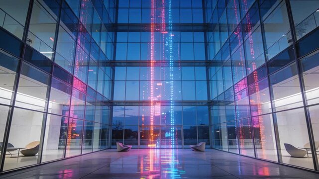 Rising pixel light column pulsing in glass atrium at dusk, reflecting on polished floor, low chairs
