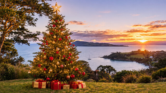 Weihnachten in Neuseeland: Ein leuchtender Weihnachtsbaum mit roten Bl&uuml;ten und gl&auml;nzenden Kugeln steht &uuml;ber einer malerischen K&uuml;stenbucht mit Inseln und Segelbooten im warmen Sonnenuntergang.